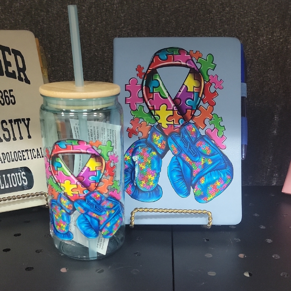 Autism Awareness Puzzle Ribbon & Boxing Gloves Drink Jar with Straw - Blue